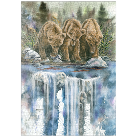Darstellung des Puzzle-Motivs Drei Grizzlyjunge an einem Wasserfall – Puzzleteile: 1000