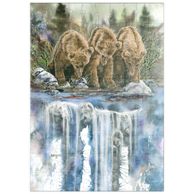 Darstellung des Puzzle Motivs Drei Grizzlyjunge an einem Wasserfall - Puzzleteile: 100