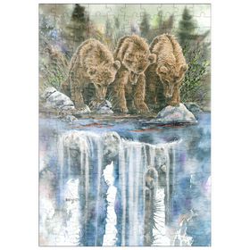 Darstellung des Puzzle Motivs Drei Grizzlyjunge an einem Wasserfall - Puzzleteile: 200