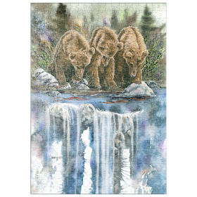 Darstellung des Puzzle-Motivs Drei Grizzlyjunge an einem Wasserfall – Puzzleteile: 500
