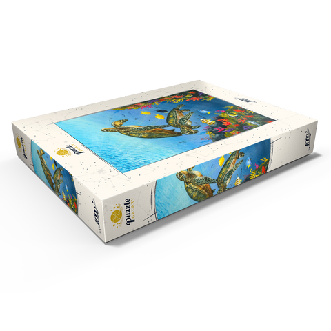 Darstellung des Puzzle Motivs Lebendige Meeresschildkröten in Korallenriff-Aquarellfarbe Vibrant Sea Turtles in Coral Reef Watercolor 1000 Puzzle Schachtel Ansicht1