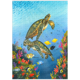 Darstellung des Puzzle-Motivs Lebendige Meeresschildkröten in Korallenriff-Aquarellfarbe – Puzzleteile: 1000