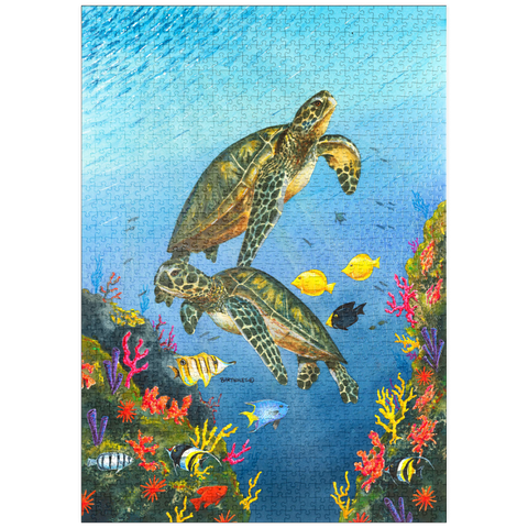 Darstellung des Puzzle Motivs Lebendige Meeresschildkröten in Korallenriff-Aquarellfarbe puzzleplate Vibrant Sea Turtles in Coral Reef Watercolor 1000 Puzzle