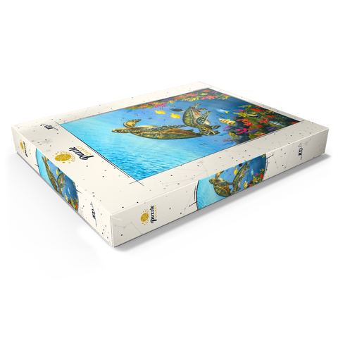 Darstellung des Puzzle Motivs Lebendige Meeresschildkröten in Korallenriff-Aquarellfarbe Vibrant Sea Turtles in Coral Reef Watercolor 100 Puzzle Schachtel Ansicht1