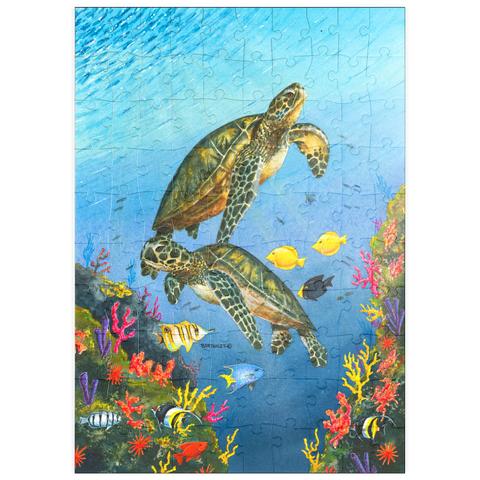 Darstellung des Puzzle Motivs Lebendige Meeresschildkröten in Korallenriff-Aquarellfarbe puzzleplate Vibrant Sea Turtles in Coral Reef Watercolor 100 Puzzle