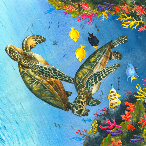 Darstellung des Puzzle Motivs Lebendige Meeresschildkröten in Korallenriff-Aquarellfarbe Vibrant Sea Turtles in Coral Reef Watercolor 100 Puzzle 3D Modell