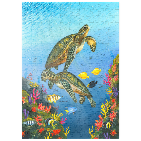 Darstellung des Puzzle Motivs Lebendige Meeresschildkröten in Korallenriff-Aquarellfarbe puzzleplate Vibrant Sea Turtles in Coral Reef Watercolor 200 Puzzle