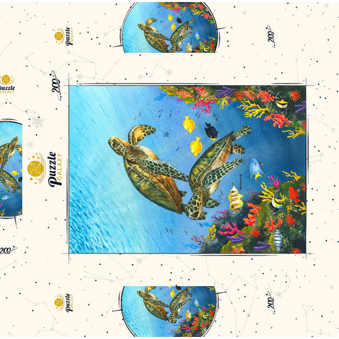 Darstellung des Puzzle Motivs Lebendige Meeresschildkröten in Korallenriff-Aquarellfarbe Vibrant Sea Turtles in Coral Reef Watercolor 200 Puzzle Schachtel 3D Modell