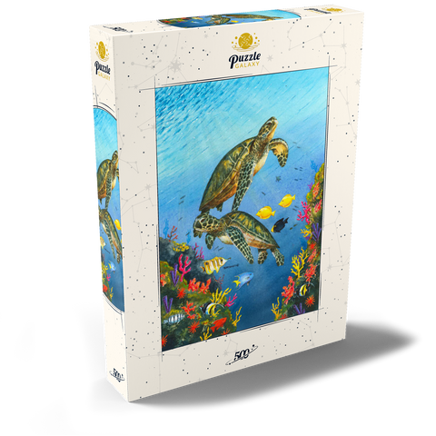 Darstellung des Puzzle Motivs Lebendige Meeresschildkröten in Korallenriff-Aquarellfarbe Vibrant Sea Turtles in Coral Reef Watercolor 500 Puzzle Schachtel Ansicht2