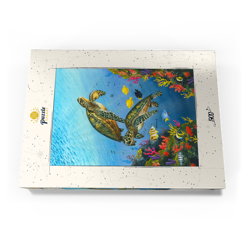 Darstellung des Puzzle Motivs Lebendige Meeresschildkröten in Korallenriff-Aquarellfarbe Vibrant Sea Turtles in Coral Reef Watercolor 500 Puzzle Schachtel Ansicht3