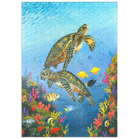 Darstellung des Puzzle Motivs Lebendige Meeresschildkröten in Korallenriff-Aquarellfarbe puzzleplate Vibrant Sea Turtles in Coral Reef Watercolor 500 Puzzle