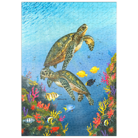 Darstellung des Puzzle Motivs Lebendige Meeresschildkröten in Korallenriff-Aquarellfarbe - Puzzleteile: 500