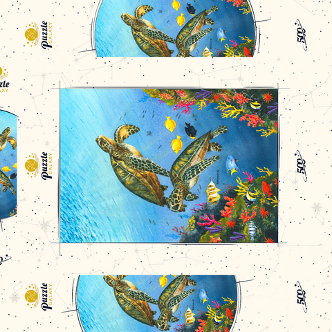 Darstellung des Puzzle Motivs Lebendige Meeresschildkröten in Korallenriff-Aquarellfarbe Vibrant Sea Turtles in Coral Reef Watercolor 500 Puzzle Schachtel 3D Modell