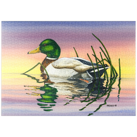 Darstellung des Puzzle-Motivs Stockente bei Sonnenuntergang Reflexion – Puzzleteile: 1000