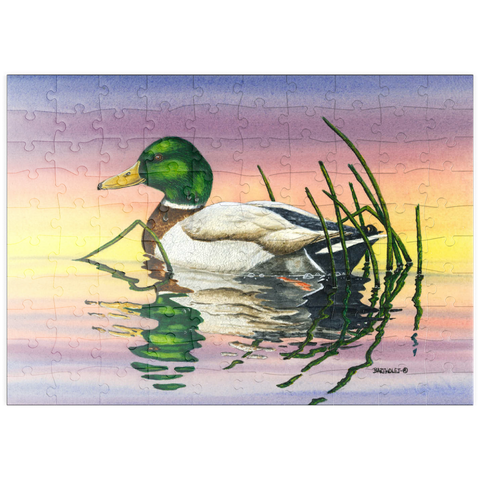Darstellung des Puzzle Motivs Stockente bei Sonnenuntergang Reflexion puzzleplate Mallard Duck at Sunset Reflection 100 Puzzle