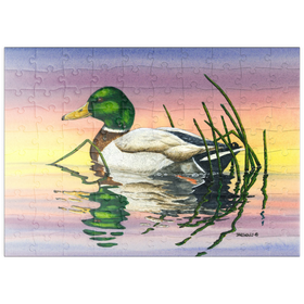 Darstellung des Puzzle Motivs Stockente bei Sonnenuntergang Reflexion - Puzzleteile: 100