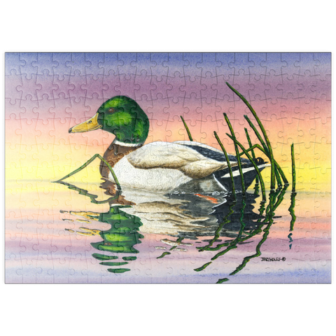 Darstellung des Puzzle Motivs Stockente bei Sonnenuntergang Reflexion puzzleplate Mallard Duck at Sunset Reflection 200 Puzzle
