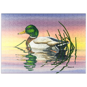 Darstellung des Puzzle Motivs Stockente bei Sonnenuntergang Reflexion - Puzzleteile: 200