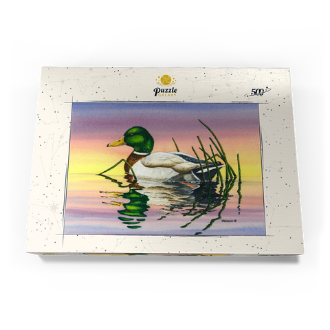 Darstellung des Puzzle Motivs Stockente bei Sonnenuntergang Reflexion Mallard Duck at Sunset Reflection 500 Puzzle Schachtel Ansicht3