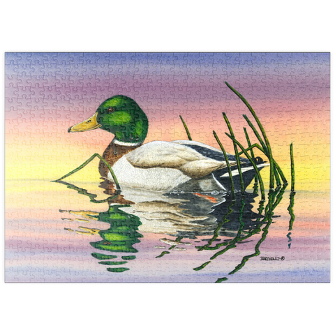 Darstellung des Puzzle Motivs Stockente bei Sonnenuntergang Reflexion puzzleplate Mallard Duck at Sunset Reflection 500 Puzzle