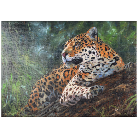 Darstellung des Puzzle Motivs Leopard ruht auf einem Waldstamm puzzleplate Leopard Resting on Forest Log 1000 Puzzle