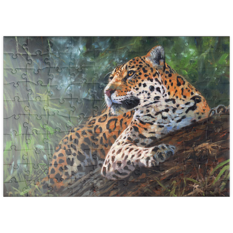 Darstellung des Puzzle Motivs Leopard ruht auf einem Waldstamm puzzleplate Leopard Resting on Forest Log 100 Puzzle