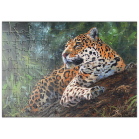 Darstellung des Puzzle Motivs Leopard ruht auf einem Waldstamm - Puzzleteile: 100