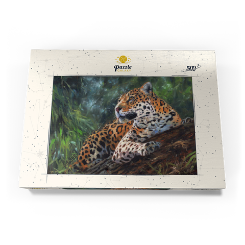 Darstellung des Puzzle Motivs Leopard ruht auf einem Waldstamm Leopard Resting on Forest Log 500 Puzzle Schachtel Ansicht3