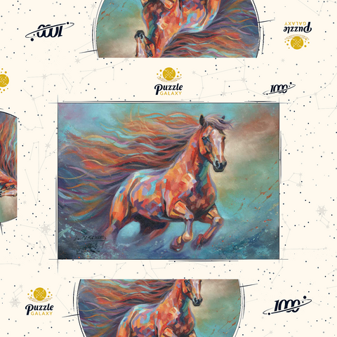 Darstellung des Puzzle Motivs Lebendiges laufendes Pferd in abstrakter Kunst Vibrant Running Horse in Abstract Art 1000 Puzzle Schachtel 3D Modell
