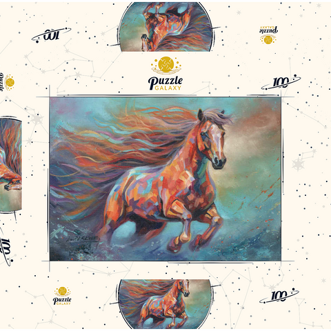 Darstellung des Puzzle Motivs Lebendiges laufendes Pferd in abstrakter Kunst Vibrant Running Horse in Abstract Art 100 Puzzle Schachtel 3D Modell