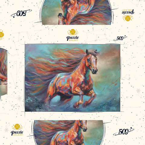 Darstellung des Puzzle Motivs Lebendiges laufendes Pferd in abstrakter Kunst Vibrant Running Horse in Abstract Art 500 Puzzle Schachtel 3D Modell
