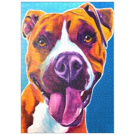 Darstellung des Puzzle-Motivs Buntes Porträt eines lächelnden Pitbulls – Puzzleteile: 500