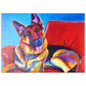 Darstellung des Puzzle-Motivs Bunter Deutscher Schäferhund auf rotem Stuhl – Puzzleteile: 200
