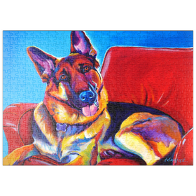 Darstellung des Puzzle-Motivs Bunter Deutscher Schäferhund auf rotem Stuhl – Puzzleteile: 500