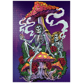 Darstellung des Puzzle-Motivs Psychedelische Skelette mit Pilzen und Rosen – Puzzleteile: 1000