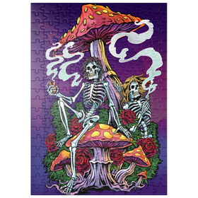 Darstellung des Puzzle-Motivs Psychedelische Skelette mit Pilzen und Rosen – Puzzleteile: 200