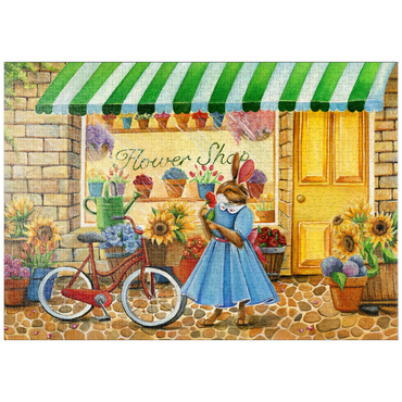 Darstellung des Puzzle Motivs puzzleplate Title: Whimsical Bunny at the Flower Shop 1000 Puzzle