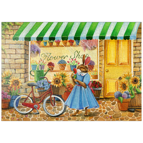 Darstellung des Puzzle Motivs Titel: Skurriler Hase im Blumenladen puzzleplate Title: Whimsical Bunny at the Flower Shop 1000 Puzzle