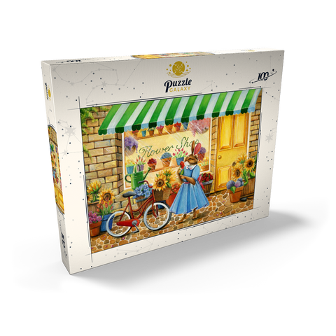 Darstellung des Puzzle Motivs Titel: Skurriler Hase im Blumenladen Title: Whimsical Bunny at the Flower Shop 100 Puzzle Schachtel Ansicht2