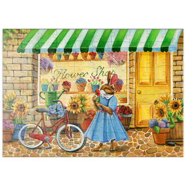 Darstellung des Puzzle Motivs puzzleplate Title: Whimsical Bunny at the Flower Shop 100 Puzzle