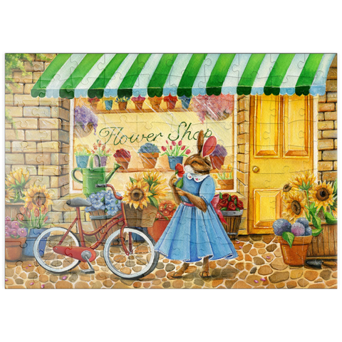 Darstellung des Puzzle Motivs Titel: Skurriler Hase im Blumenladen puzzleplate Title: Whimsical Bunny at the Flower Shop 100 Puzzle