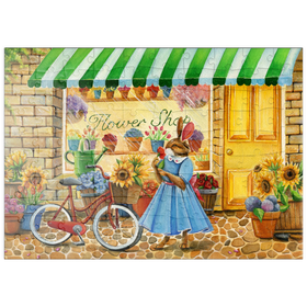 Darstellung des Puzzle Motivs Titel: Skurriler Hase im Blumenladen - Puzzleteile: 100
