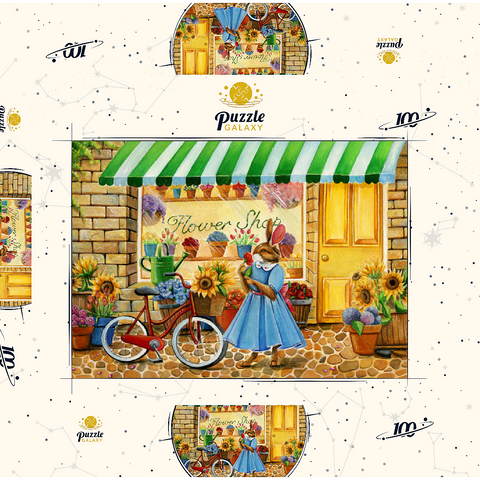Darstellung des Puzzle Motivs Titel: Skurriler Hase im Blumenladen Title: Whimsical Bunny at the Flower Shop 100 Puzzle Schachtel 3D Modell