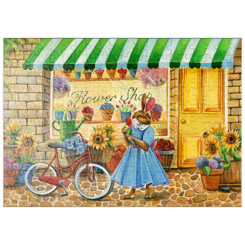 Darstellung des Puzzle Motivs Titel: Skurriler Hase im Blumenladen puzzleplate Title: Whimsical Bunny at the Flower Shop 200 Puzzle