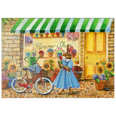 Darstellung des Puzzle Motivs puzzleplate Title: Whimsical Bunny at the Flower Shop 500 Puzzle
