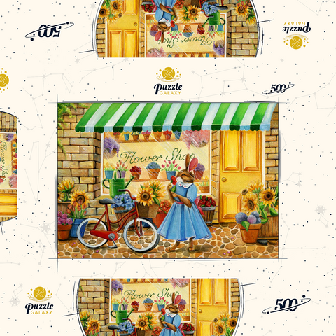 Darstellung des Puzzle Motivs Titel: Skurriler Hase im Blumenladen Title: Whimsical Bunny at the Flower Shop 500 Puzzle Schachtel 3D Modell