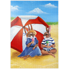 Darstellung des Puzzle Motivs Strandhäschen - Vintage-inspirierte Tier-Illustration - Puzzleteile: 1000