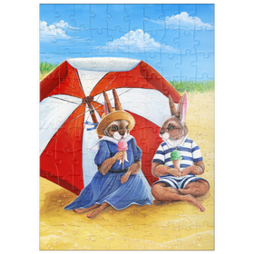 Darstellung des Puzzle Motivs Strandhäschen - Vintage-inspirierte Tier-Illustration - Puzzleteile: 100