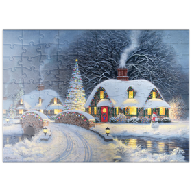Darstellung des Puzzle Motivs Verschneites Weihnachtsdorf mit Hütten - Puzzleteile: 100