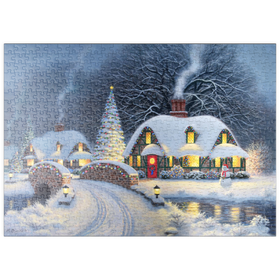 Darstellung des Puzzle Motivs Verschneites Weihnachtsdorf mit Hütten - Puzzleteile: 500